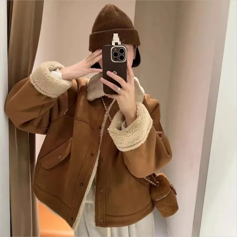 Cropped Faux Fur Jacket Women Fashion Chic Lady Long Sleeves Fleece Fur Jacket High Street Fall Winter Warm Coat Top Female