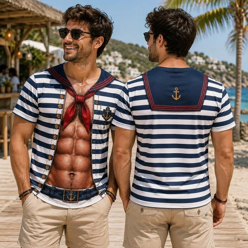 Cartoon 3D fake sailor shirt fun fake muscle chest shirt pool party vacation outfit men's vacation gift chest novelty T-shirt