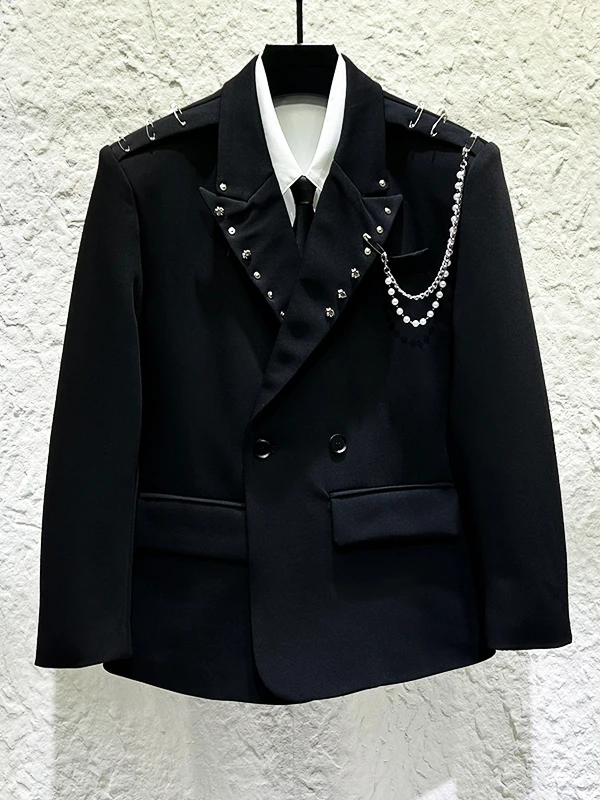 

Trendy Punk Style Metal Chain Decorated Suit Jacket Men's Black Waist-Cinching Double Row Buttons Casual Western Coat