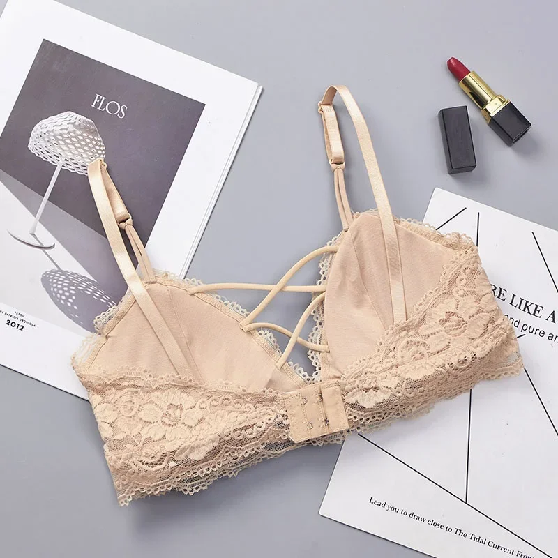 Lace Bra For Women Push Up Bras Floral Lace Underwear Female Front Cross Straps Wirefree Brassiere Femae Padded Sexy Lingerie