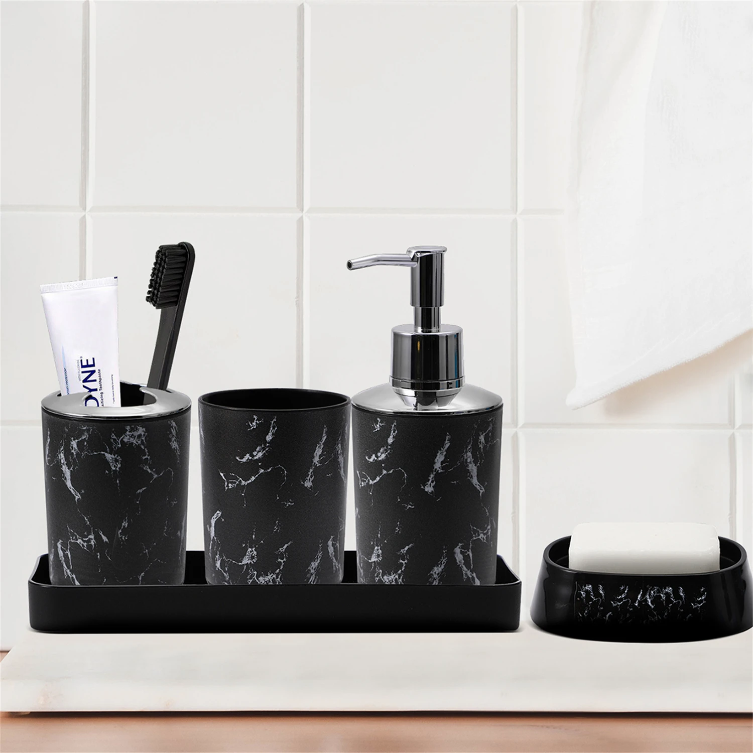 5-piece white/black marble bathroom set -  lotion bottle, toothbrush and toothpaste cup, mouthwash cup, soap dish, and box