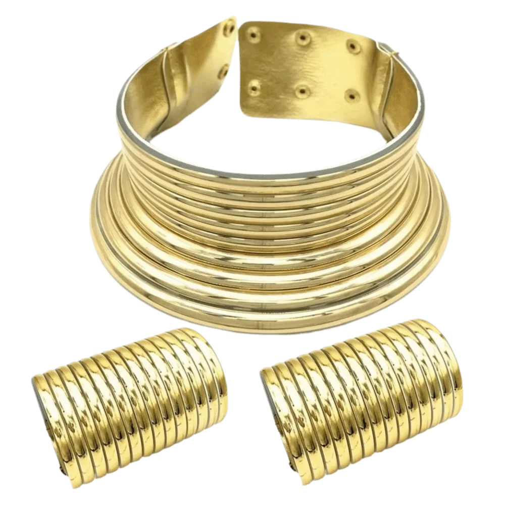 3 PCS Gold Silver African Collar Bracelet Set Adjustable Large African Style Necklace Collar Set PU Leather Exaggerated Fashion