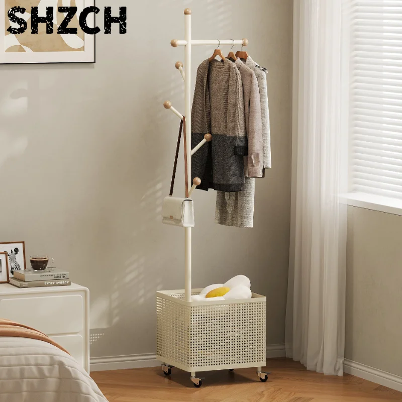 Cream Iron Clothing Rack Floor Standing Hat Hanger for Bedroom Spacious Home Storage Shelf Mobile Laundry Basket Organizer