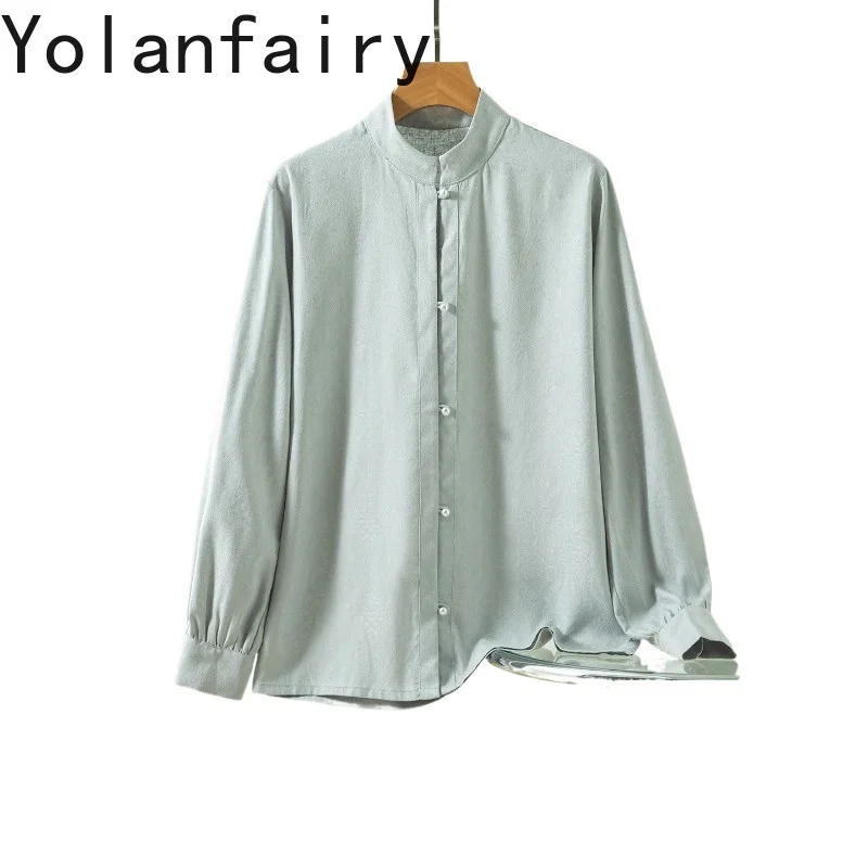 

YOLANFAIRY 100% Natural Mulberry Silk Shirts for Women 2026 Elegant Long Sleeve Top Fashion Jacquard Blouses Woman Blue Shirt