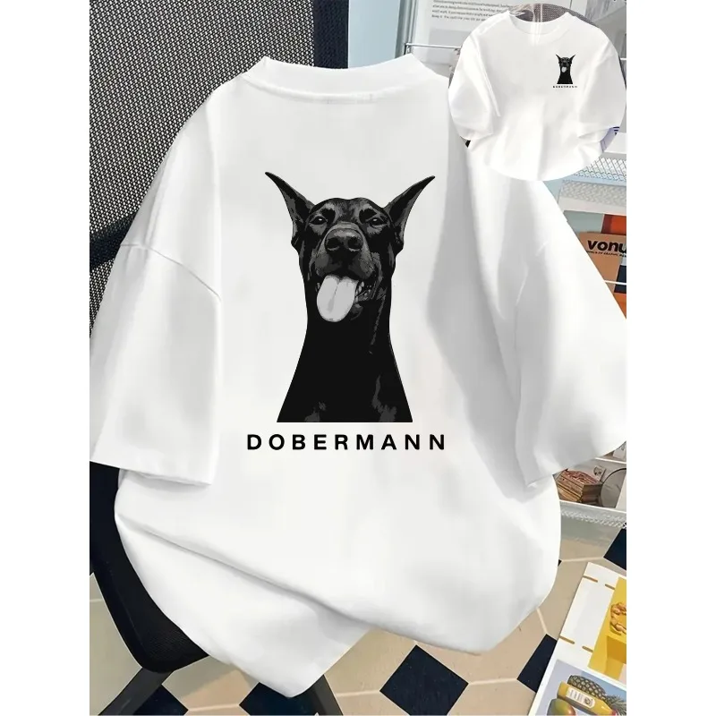 Women Short-Sleeve T-Shirt with Front and Back Panels Doberman Illustration Women Four-Season Comfortable Fashion Print T-Shirt