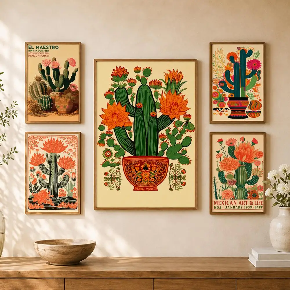 Vintage Mexican Cactus Desert Botanical Folk Illustration Poster Home Room Bar Cafe Club Decor Aesthetic Art Wall Painting