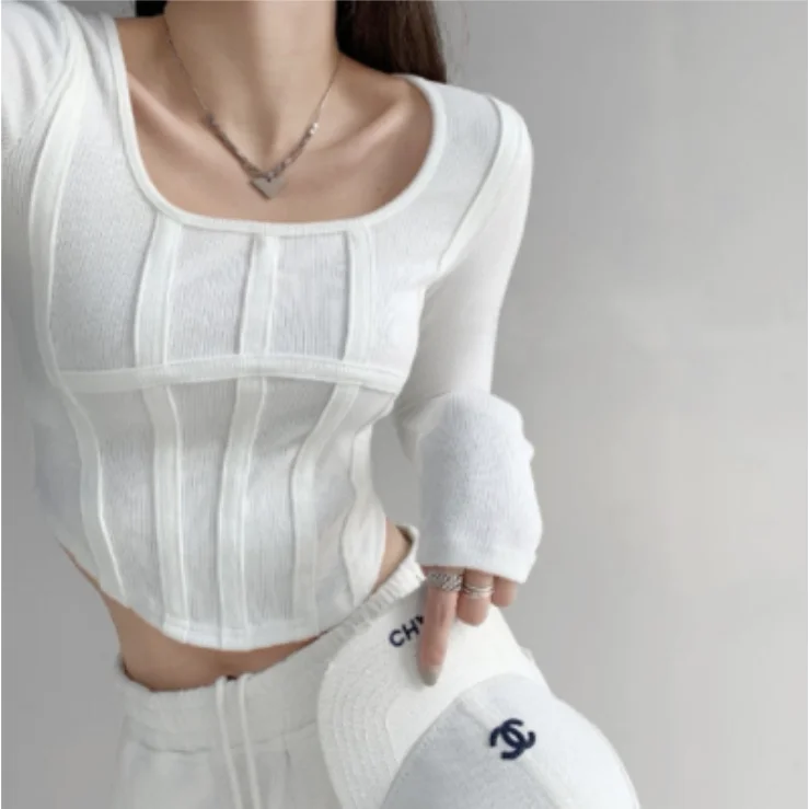American Style Long Sleeve Short Length Women's Base Shirt Square Collar Bony Fishbone Pattern Belly Baring T-shirt