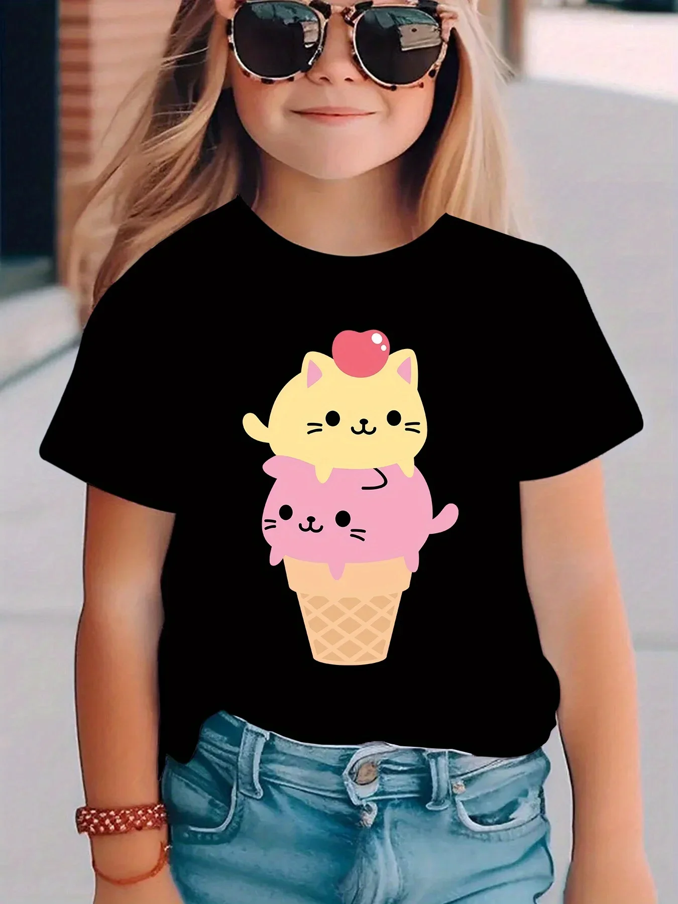Cute Cat Ice Cream Print Girls Short Sleeve T Shirt Sweet Cartoon Kitten Pattern Toddler Kids Casual Summer Tee Top