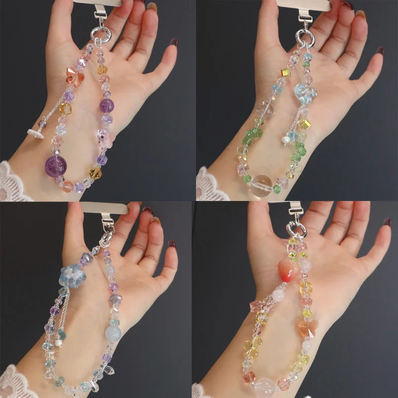 

Natural crystal phone lanyard, amethyst wrist strap, handmade high-end accessory, fashionable and unique style bag key chain