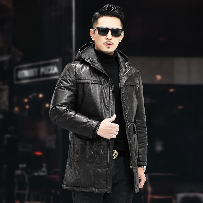 Winter New Men Cowhide Medium Style Coats Autumn Male Casual Parka Natural Leather Down Jacket Fashion Hooded Plus Size Overcoat