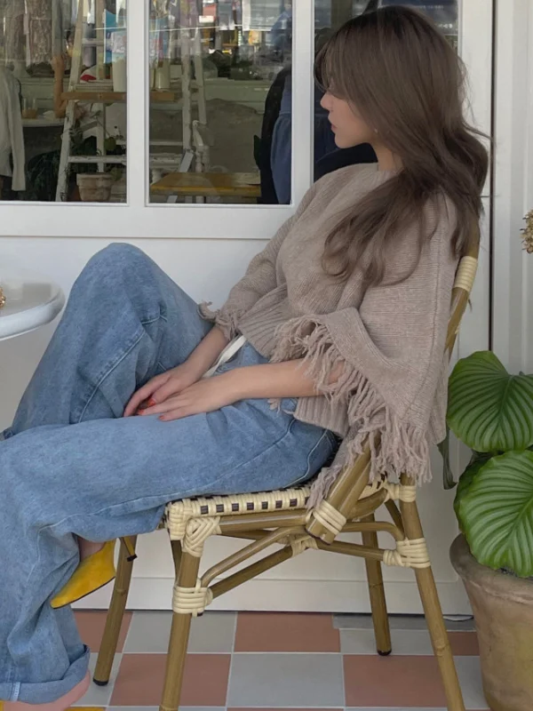 Laid-back Tassel Trimmed Cloak Style Sweater Overcoat for Women Spring Autumn Winter Fashion Korean Style Casual Wear