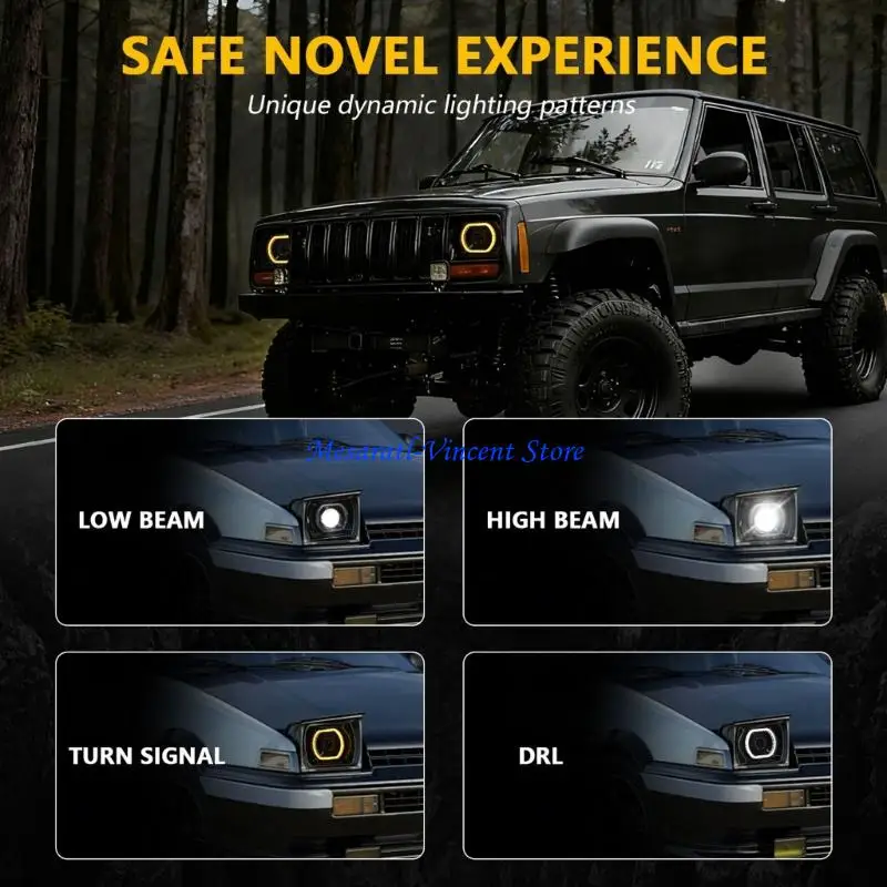 A70F Night Driving Rectangular LED Headlight Pair 7 Inch 5x7 7x6 Projector Replacement with H4 Socket, Light Guide and Turn