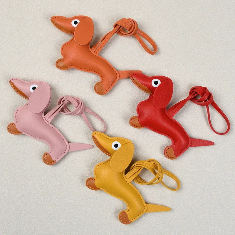 Creative Sausage Dog Color Blocked Pendant PU Leather Keychain Cute Bag Clothing Boys Girls Pendant Niche Car Keychain Gift