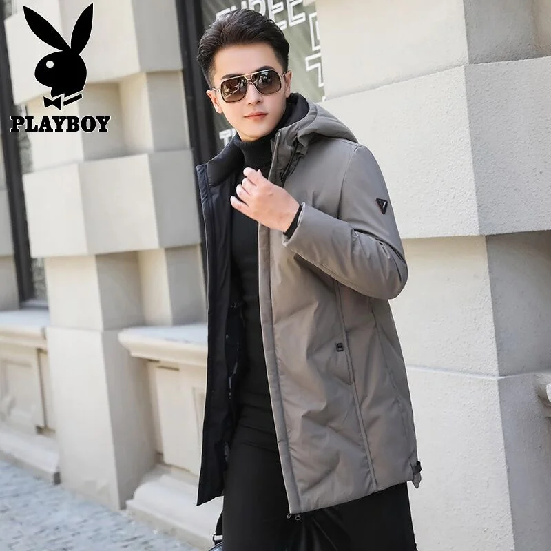 

Мужская утепленная повседневная куртка средней длины с капюшоном, молодежная модная зимняя одежда из полиэфирного волокна, белый пух