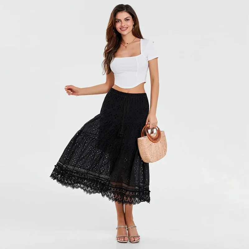 Bohemian Jacquard Eyelet Long Skirts Vintage Hollow-Out Elastic Waist Maxi Skirts Beach Holiday Fairy Cottage Y2K A-line Skirts