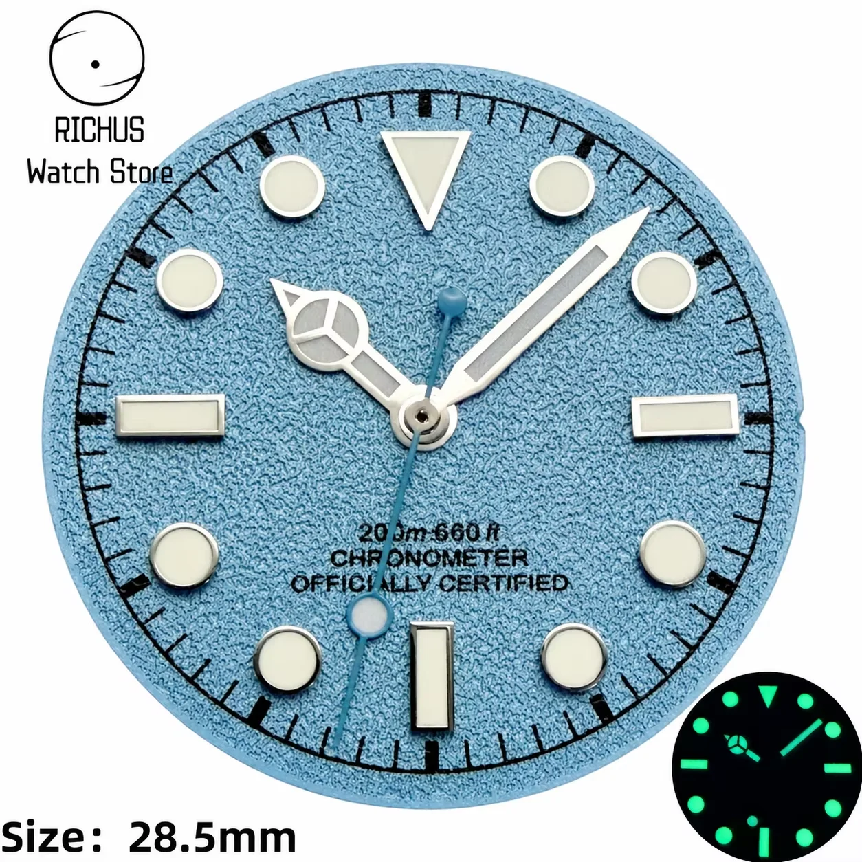 28,5 mm steriles, grün leuchtendes Zifferblatt und Zeigerset, kompatibel mit NH35 NH36 ETA2824 2836 Miyota 8205 8215 DG2813 Uhrwerken