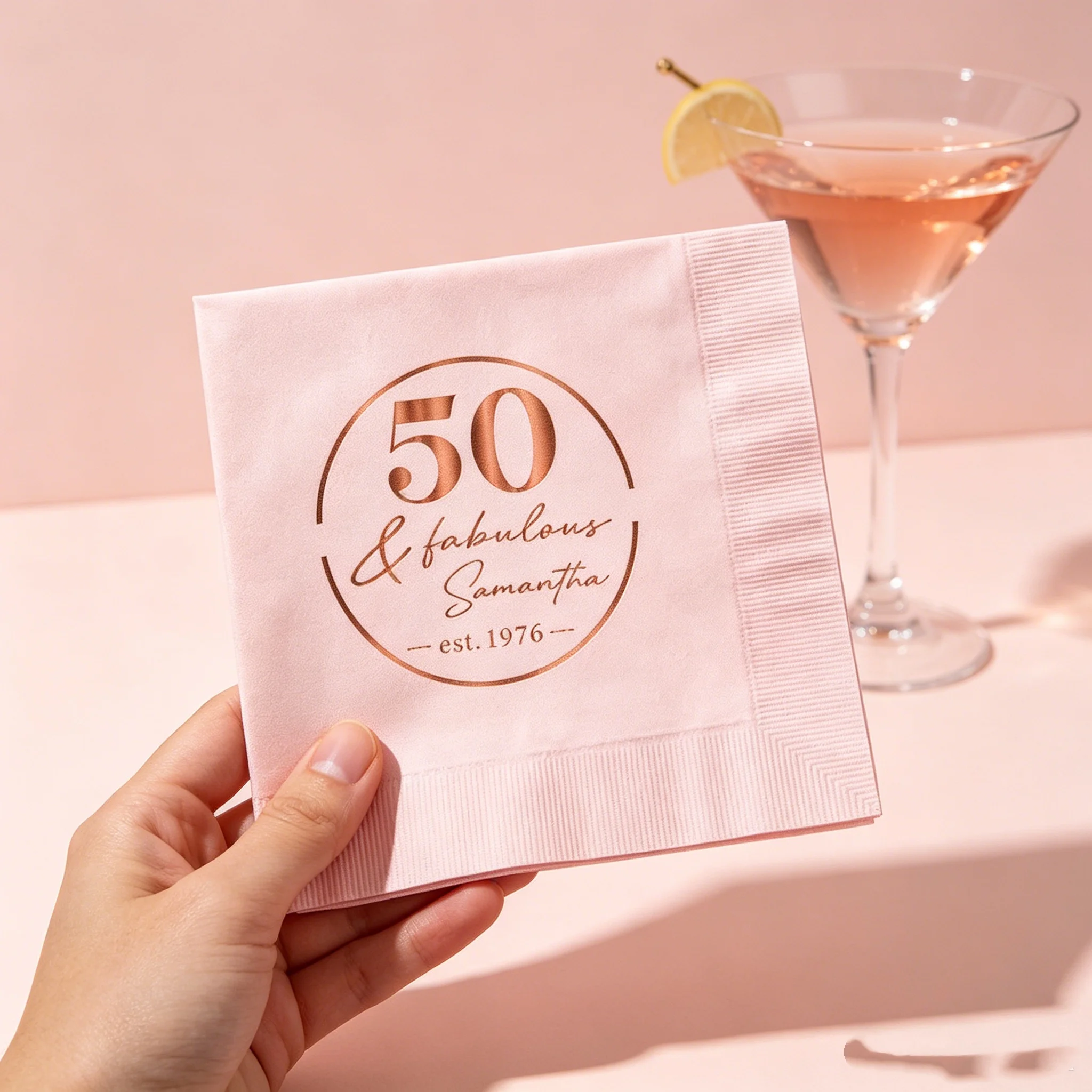 

50pcs Personalized 50 & Fabulous Cocktail Napkins, Custom Name & Birth Year Rose Gold Foil White Napkins, 50th Birthday Party Ba