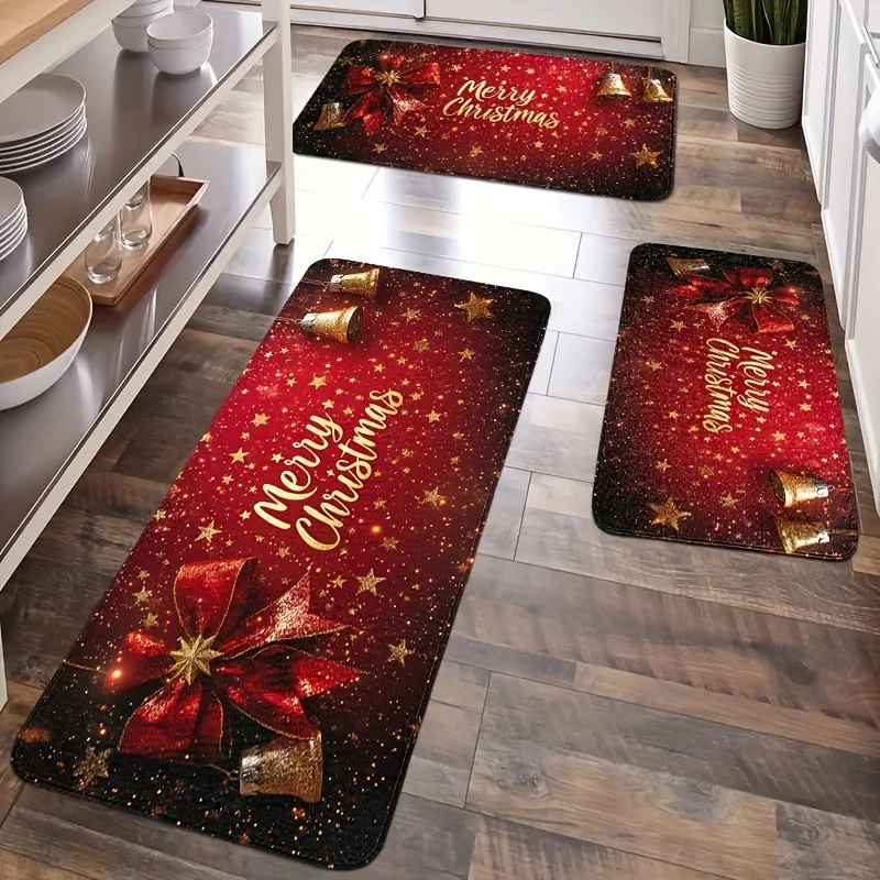 VIKAMA Christmas Kitchen Rugs Set Non Slip Washable Floor Mats Golden Bells Bow Star Kitchen Runner Decor for Xmas Holiday