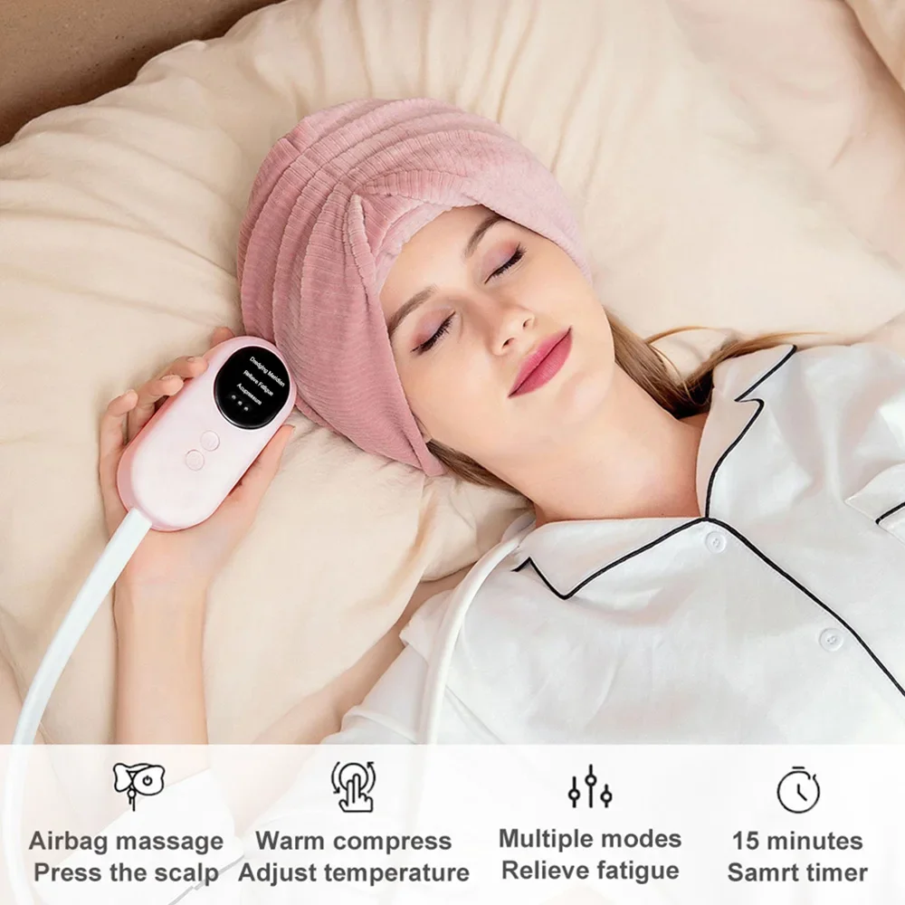 Boné De Massagem De Cabeça De Airbag Elétrico Cap De Alívio De Enxaqueca Toalha Amassar Vibração De Calor Tratamento De Relaxamento De Dor De Cabeça Máquina Anti-Stress