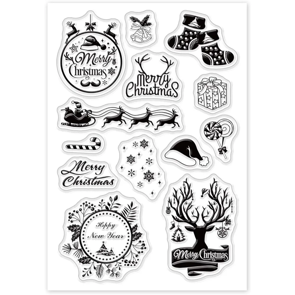 Merry Christmas Theme Clear Stamps Antler Gift Socks Bell Silicone Stamp Cards for Card Making Photo Album Decoration and DIY