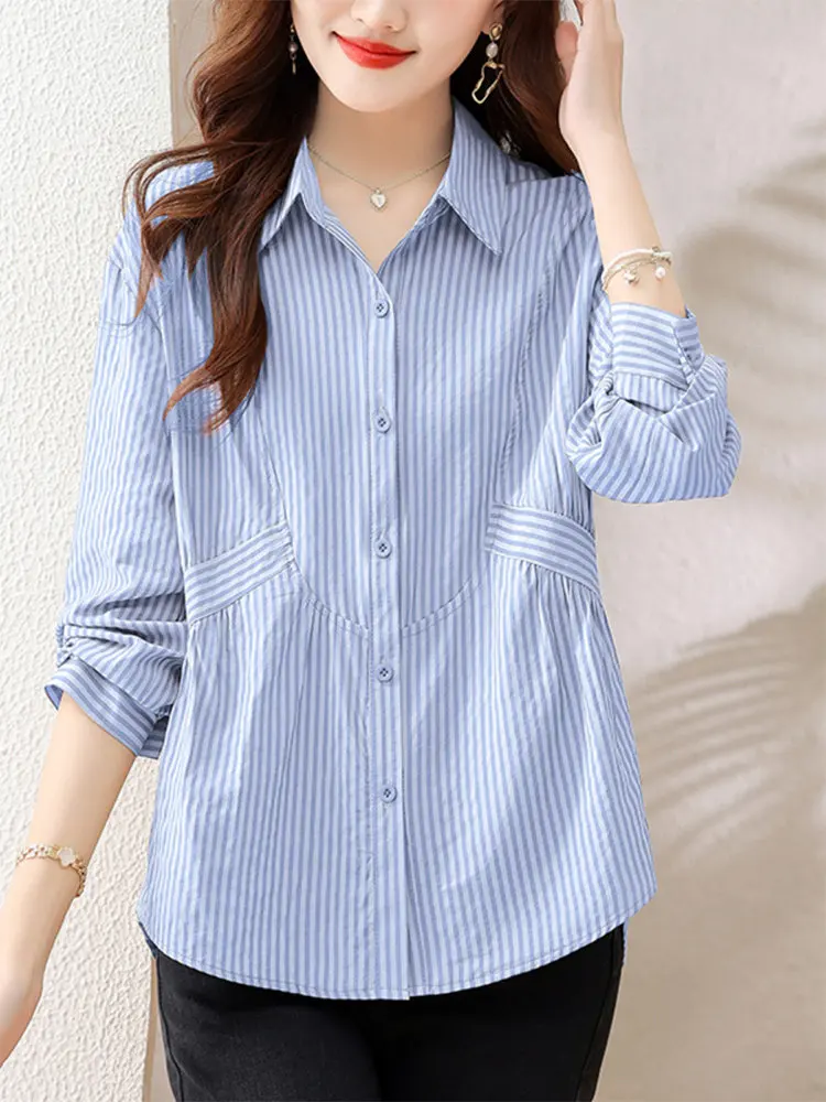 

Blue Striped Loose Casual Women's irt Spring Autumn New Faion High-End Feeling Commute Sle Korean Version Breathable Lo...