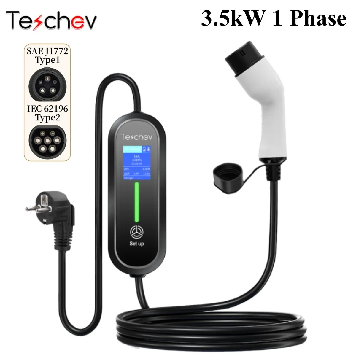 Teschev 220V 230V Portable EV Charger Wallbox 16A Type1 J1772 Charging Cable Type2 Cord IEC62196 Schuko Plug for Electric Car