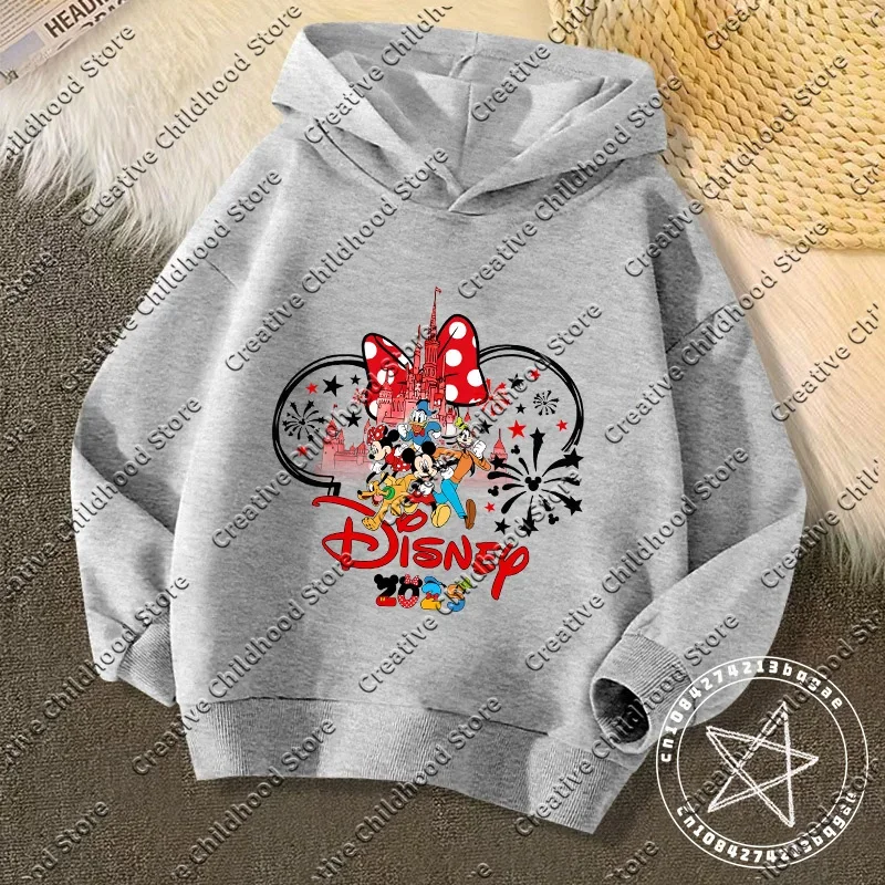 Moda disneyland viagem roupas de férias caricatura moletom com capuz crianças topo desenhos animados disney kawaii 2025 roupas da menina menino disney crianças