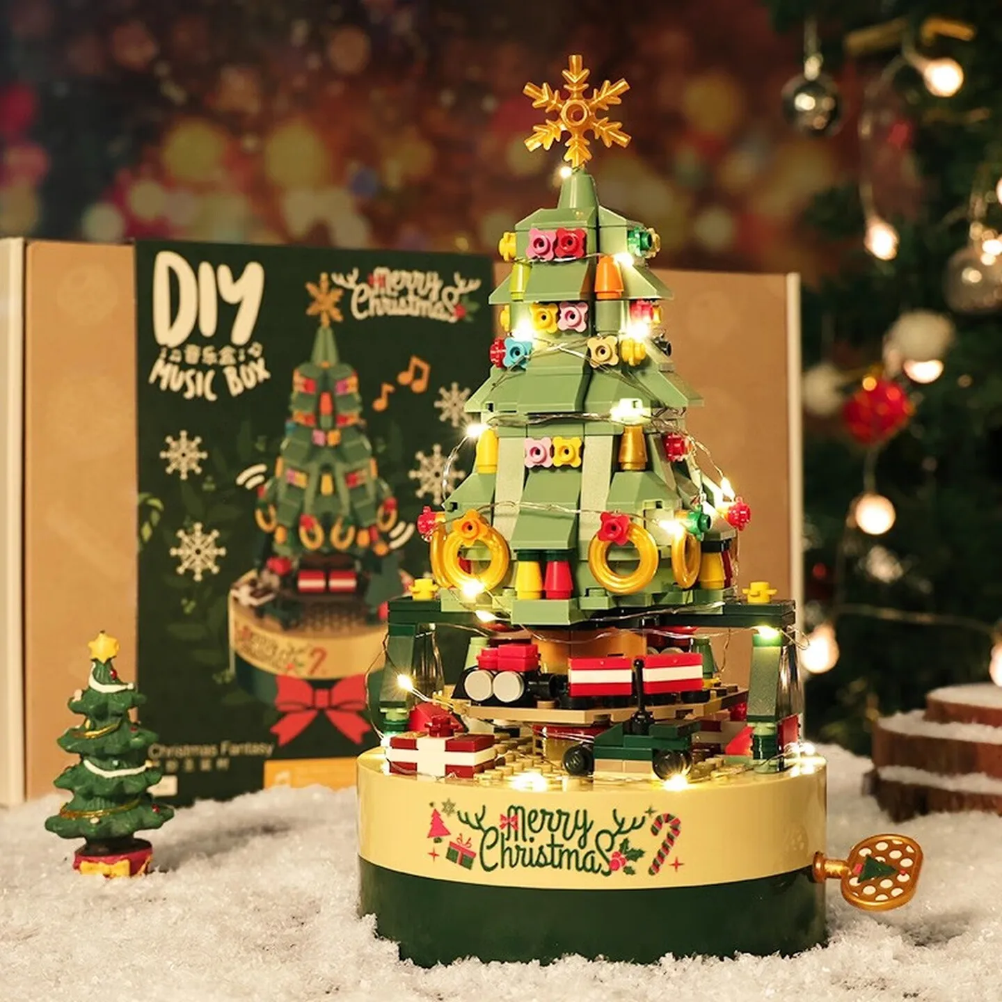 Christmas Tree Building Block Music Box with Rotating Display and Light, ABS Construction Kit with Smooth Edges for Gifts