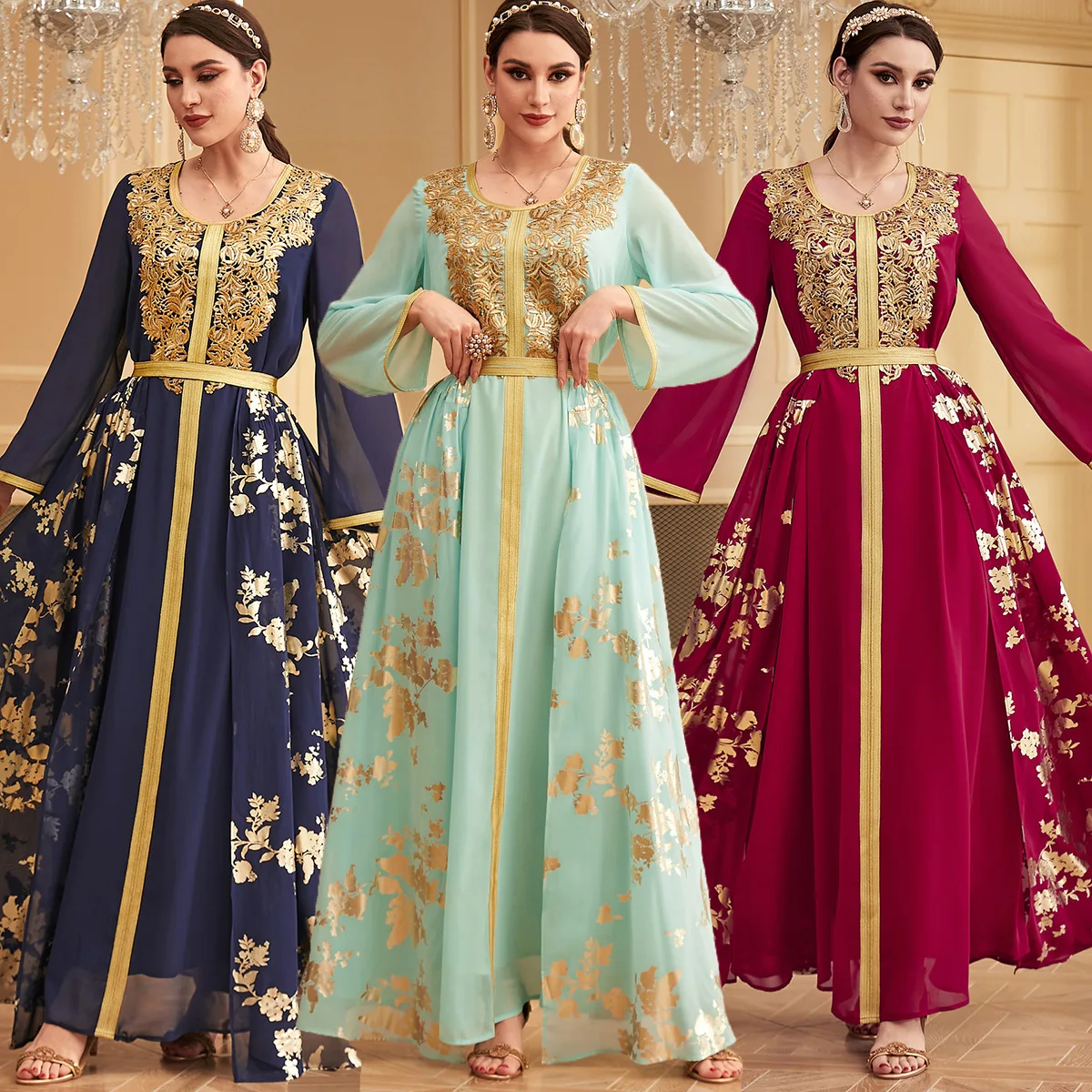 2 Piece Muslim Sets for Women Bronzing Evening Party Dress Dubai Abaya Turkey Kaftan Eid Djellaba Caftan Marocain Femme Jalabiya