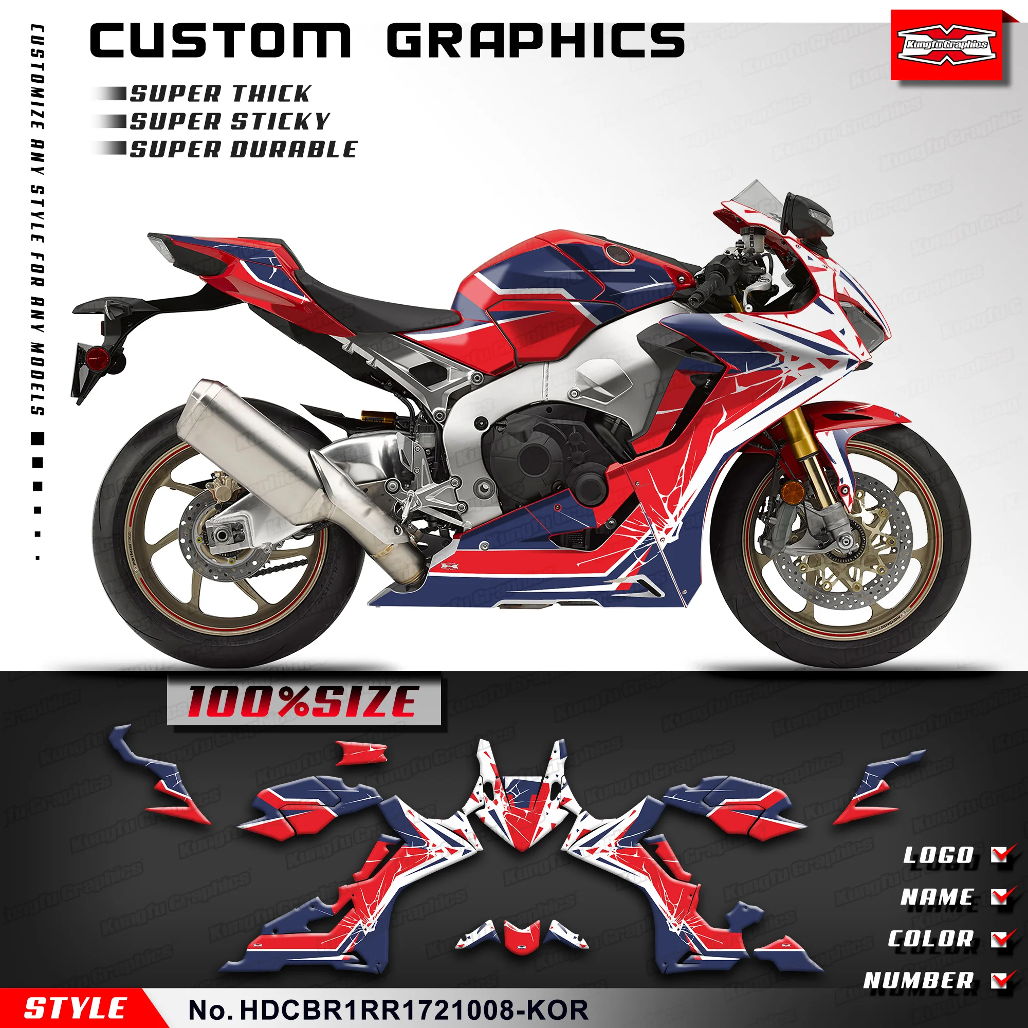 

KUNGFU GRAPHICS Custom Racing Sticker Wrap Design for Honda CBR1000RR CBR 1000 RR 17 18 19 2020 2021 2022, HDCBR1RR1721008-KOR
