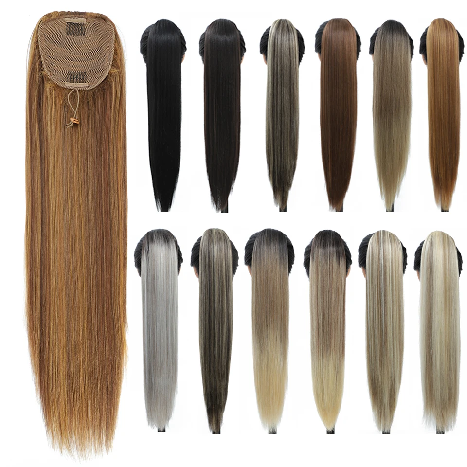 Extensions Capillaires Synthétiques Raides en Queue de Cheval pour Femme, Cheveux Naturels à réinitialisation, 28 Pouces, Fausse Queue de Cheval