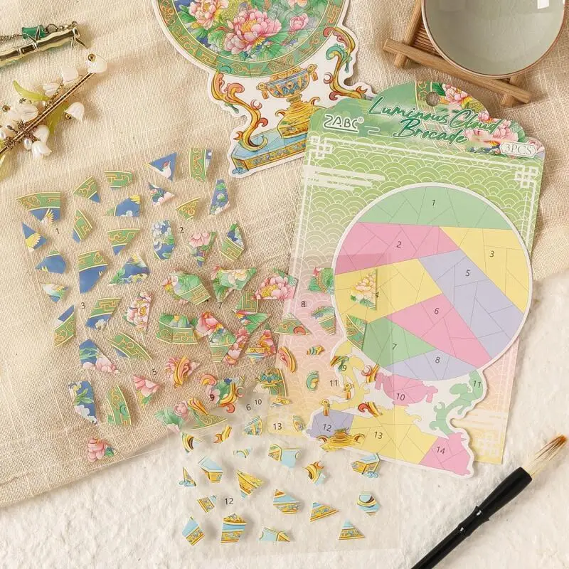 Card Lover 3 Pcs [Ancient Poetry Series] Landscape Stickers Hundred Flowers Fragrance Cloud Brocade Flowing Light Scrapbooking