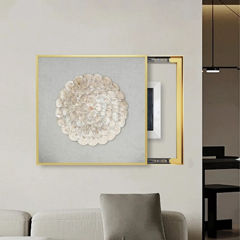 French Style Seashell Canvas Painting Sliding Frame Cover for Electrical Box Wall Art to Hide Meters, Home Decor for Living Room
