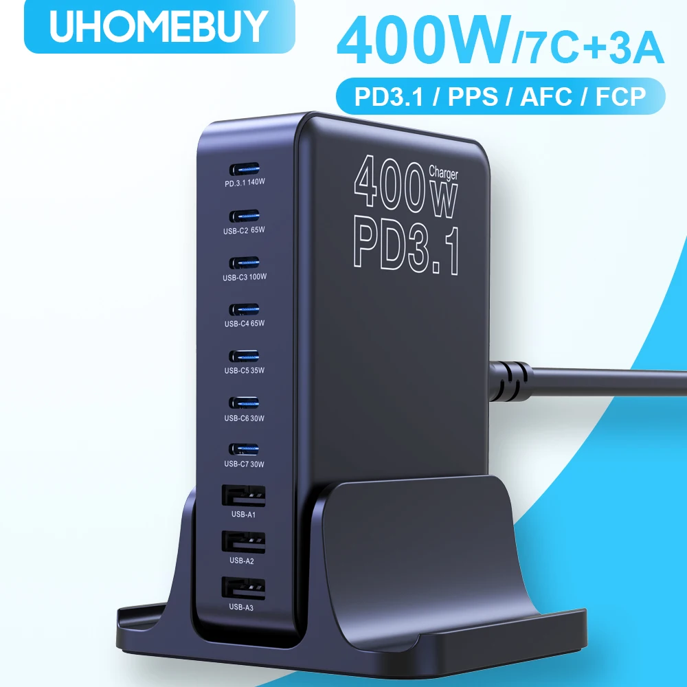 UHOMEBUY Ładowarka USB C 400 W 10-portowa stacja ładująca GaN 140 W Max Pojedynczy port PD3.1 Szybka ładowarka do MacBook Pro iPhone Samsung