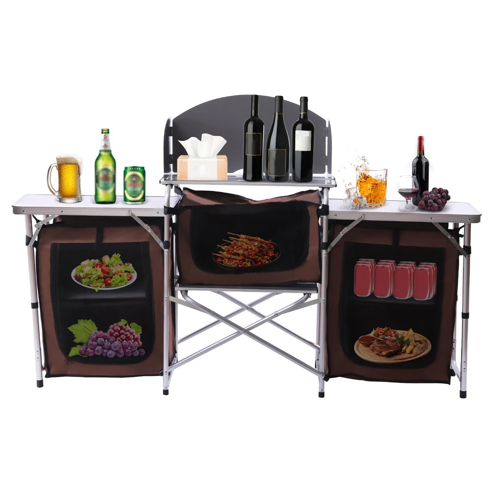 Portable Camping Kitchen Station with 26'' Folding Grill Table and Storage Organizer for Outdoor Cooking (Brown)