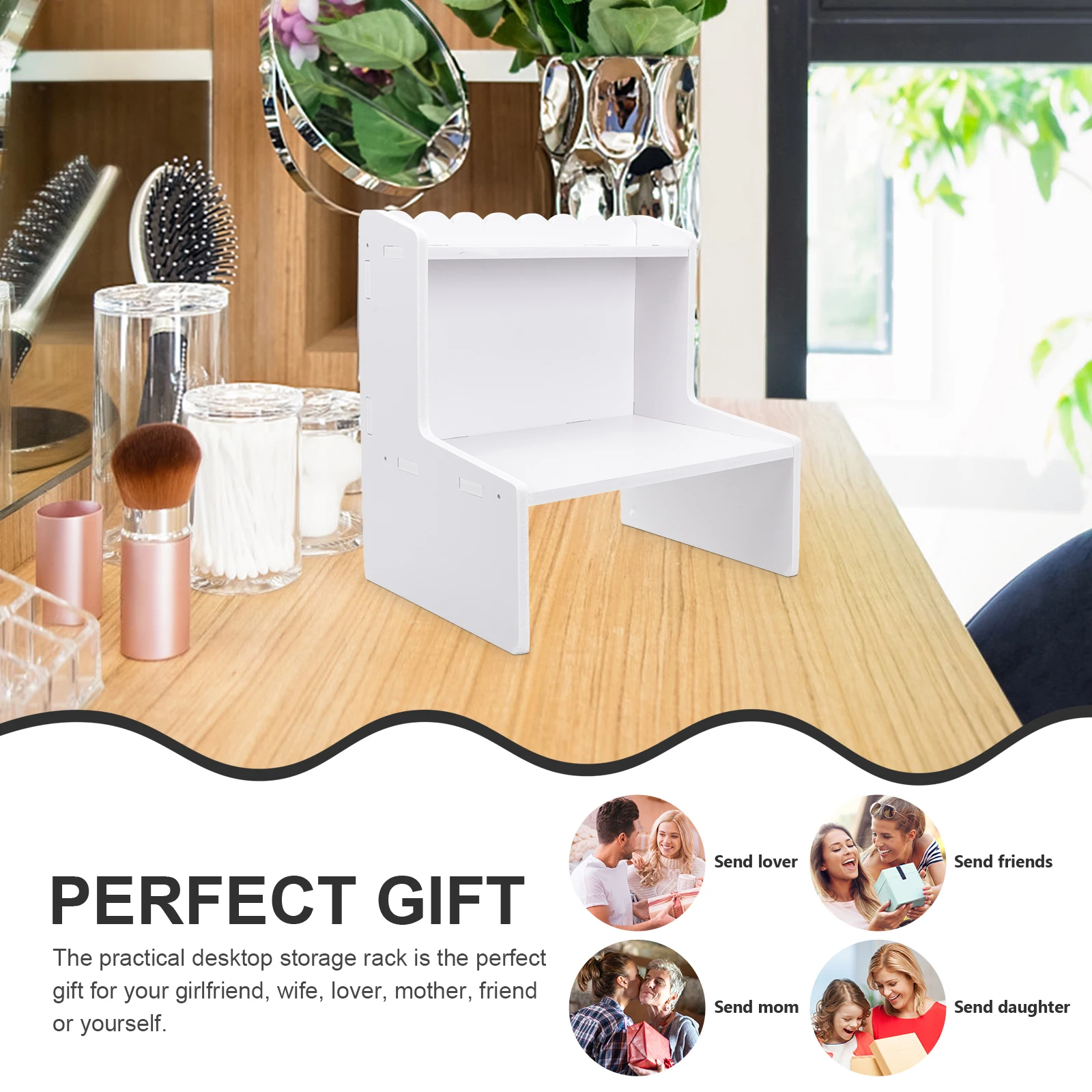

Elevated Desk Shelves Wooden Desktop Organizer 1 Tier Storage Rack for Cosmetics Cups Tools Display Home Office Supplies