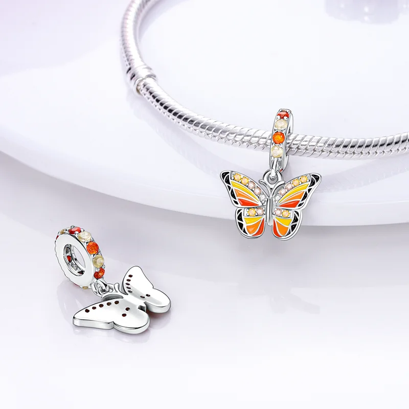 Cuentas de plata esterlina 925 auténtica, abalorios coloridos de mariposa y libélula, adecuados para pulsera Pandora Original, producción artesanal