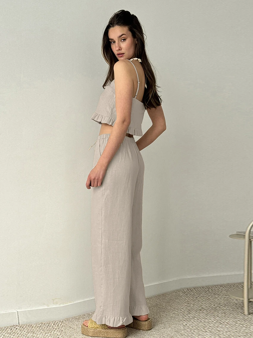 Marthaqiqi Home Clothes Women Crop Top Sleepwear Tank Tops Nightwear Spaghetti Strap Nightgowns Pants Casual Cotton Pajamas Set