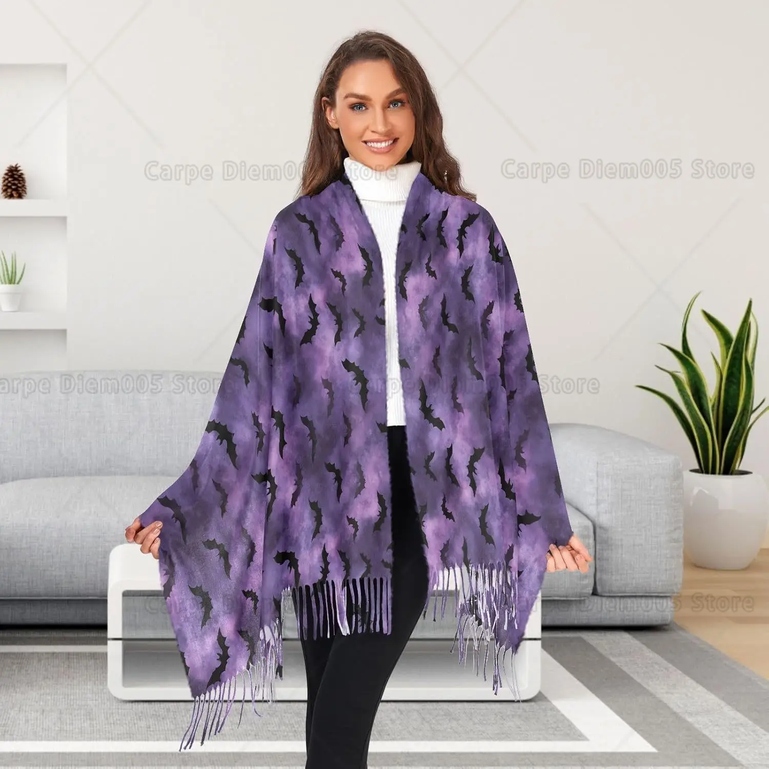 

Watercolor Purple Women Halloween Bats Scarf Pashmina Feel Shawls Wraps Fall Winter Warm Large Scarves Fashion Tassel Long Scarf