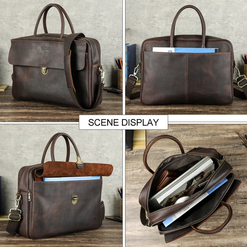 HTS-MB291 Retro Crazy Horse Skin 15.4-inch Laptop Bag,Multi Functional and Dual Use Crossbody Business Briefcase