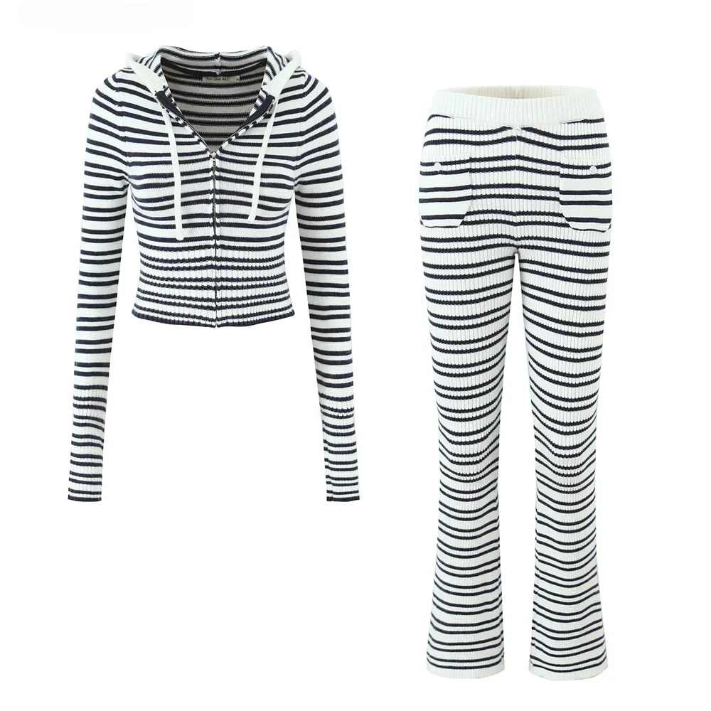 

2 pieces 1 Set 2025 Navy Blue White Striped Knitted Hooded Cardigan + Elastic Low Waist Full Length Flare Pants Suits Knitwear
