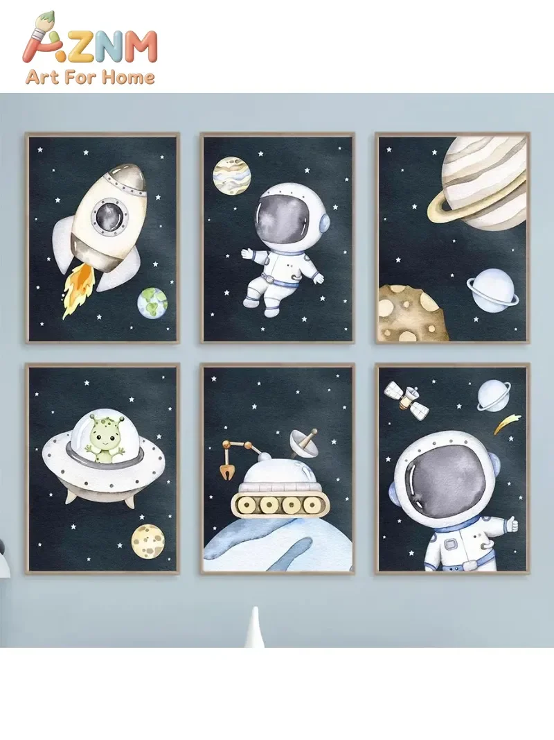Cute Cartoon Astronaut Space Planet Rocket Satellite Car Minimalist Wall  Print Canvas Painting Poster for Modern Home Decor