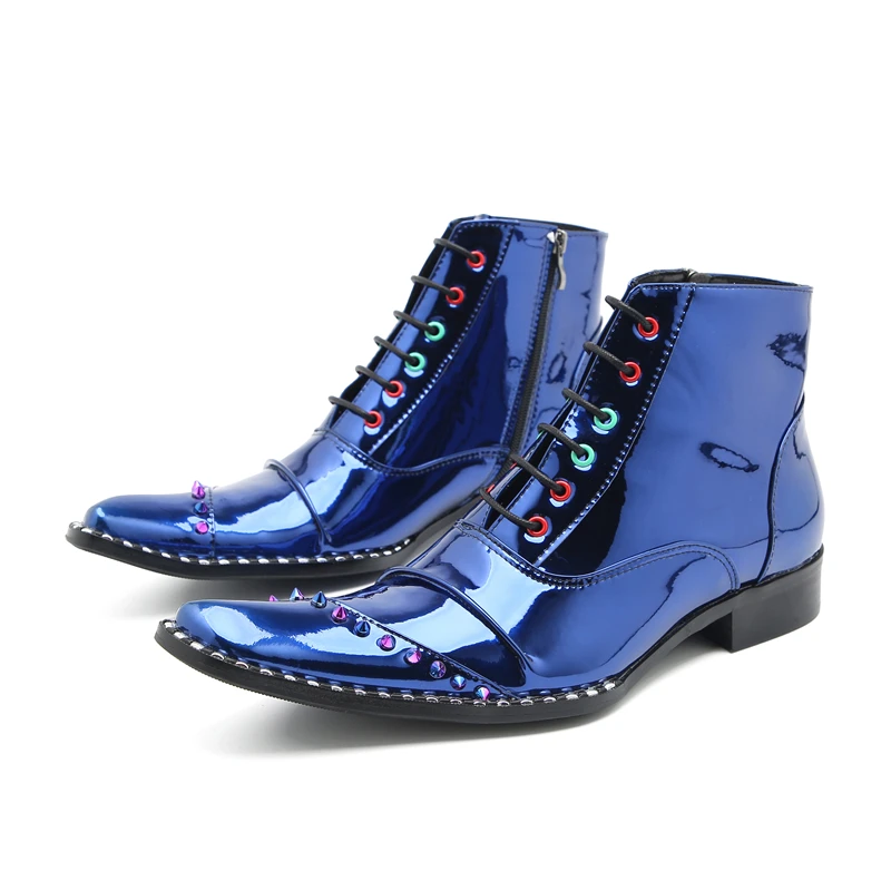 

Fashion Pointed Toe Chelsea Shiny Blue Leather Ankle Boots For Men Rivets Lace Up Motorcycle Punk Mens Shoes Botas Para Hombre