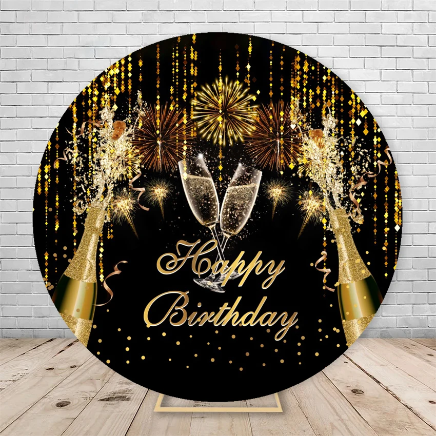 Black and Gold Birthday Round Background Circle Backdrop for Adult Customize Photo Studio Banner Photocall Elastic Cover