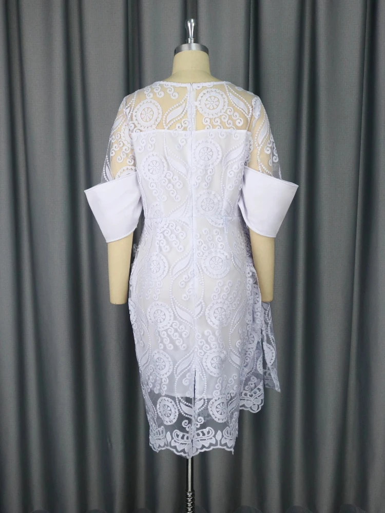 Vestidos de encaje blanco para mujer, túnica bordada con cuello redondo Vintage, vestido Midi elegante Retro a la cadera, vestidos de boda para fiesta de vacaciones