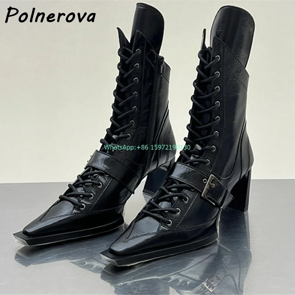 

Buckle Belt Cross Tied Boots Strange Style Heels Solid Square Toe Zipper Black Ankle Boots Women's Genuine Leather Modern Boots