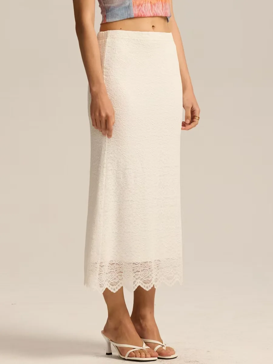 Sexy Kant Splice Hoge Taille f-lengte Rok Pendelen Sle Mid-lengte Pure Kleur Afslanken Fi-staart Rok voor Vrouwen