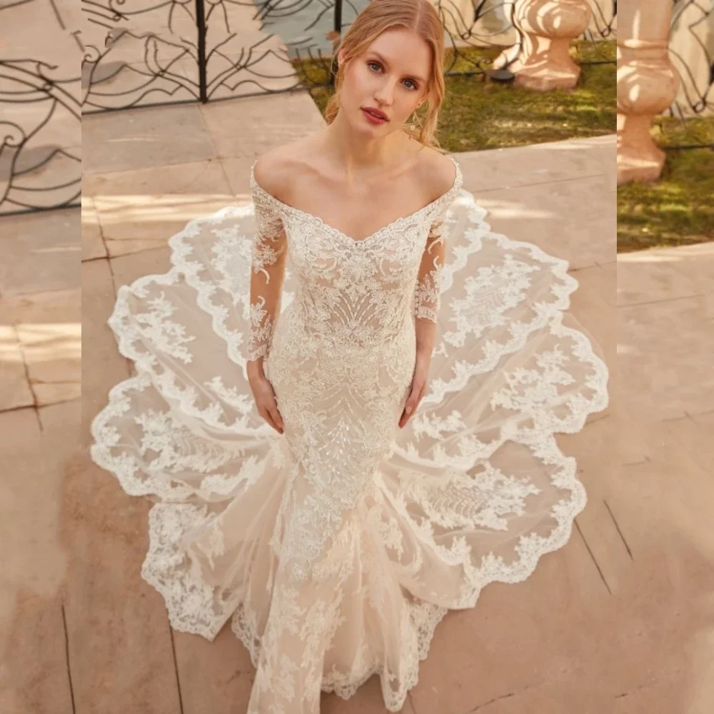 Flavinke مخصص ستة خمر حورية البحر فساتين الزفاف 2025 الأزهار الدانتيل زين كم طويل فستان زفاف Vestidos De Novia
