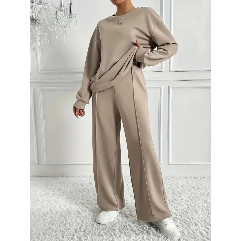 ファッションカジュアルシンプル秋ツーピースセット2025レディース無地Vネック長袖プルオーバー+ストレートレッグパンツカジュアルスーツ