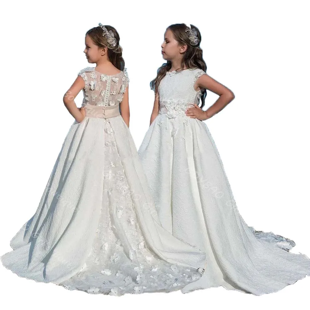 

Customized Flower Girl Dress With Train 3D Flower Lace Ball Gown Princess Pageant 2-14 Kids Wedding Party First Communion Dress